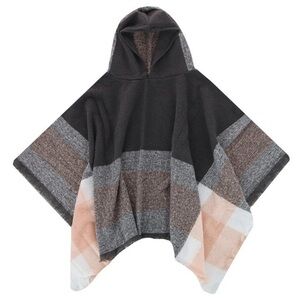 NEW Gold Metal Plaid Hooded Knit Fringe Trim Poncho